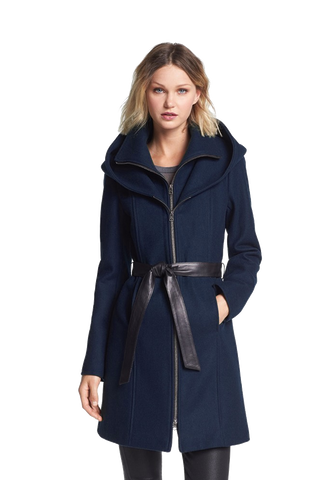 Hooded Wool Blend Coat with Leather Belt